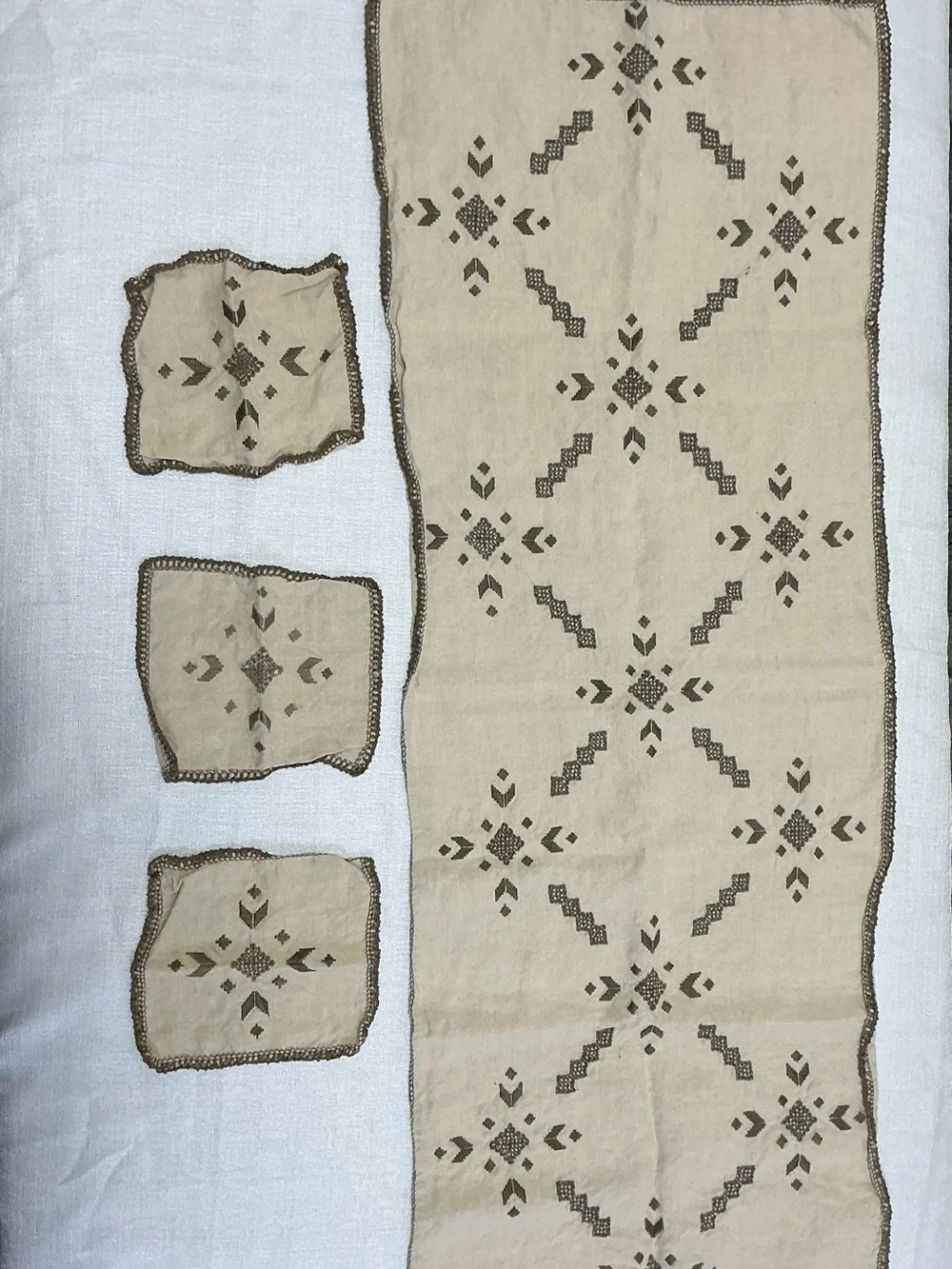 VTG Hand Woven Linen Runner Coasters Set Hardanger Ukrainian Folk Art Embroidery